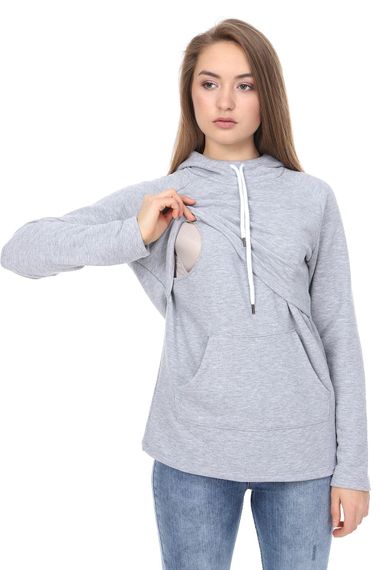 LuvmaBelly MYRA4521 Gri&Gri Parçalı Kapüşonlu ve Cepli Emzirme Sweatshirt - fotoğraf 1