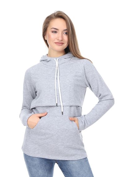 LuvmaBelly MYRA4521 Gri&Gri Parçalı Kapüşonlu ve Cepli Emzirme Sweatshirt - fotoğraf 2