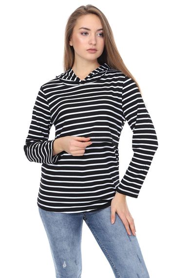 LuvmaBelly MYRA3520 Siyah Çizgili Kapüşonlulu Emzirme Sweatshirt - fotoğraf 2