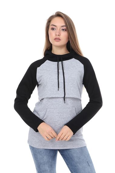 LuvmaBelly MYRA4524 Siyah&Gri Parçalı Kapüşonlu ve Cepli Emzirme Sweatshirt - fotoğraf 2