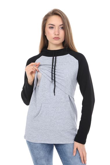 LuvmaBelly MYRA4524 Siyah&Gri Parçalı Kapüşonlu ve Cepli Emzirme Sweatshirt - fotoğraf 1