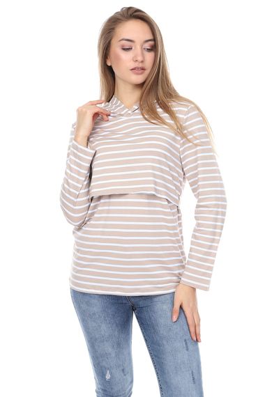 LuvmaBelly MYRA3522 Bej Çizgili Kapüşonlulu Emzirme Sweatshirt - fotoğraf 2