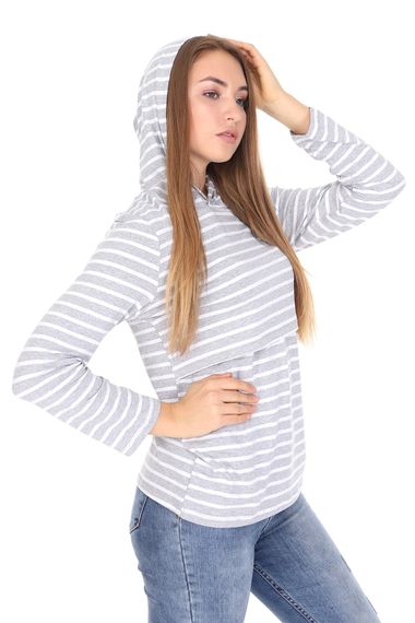 LuvmaBelly MYRA3521 Gri Çizgili Kapüşonlulu Emzirme Sweatshirt - fotoğraf 3