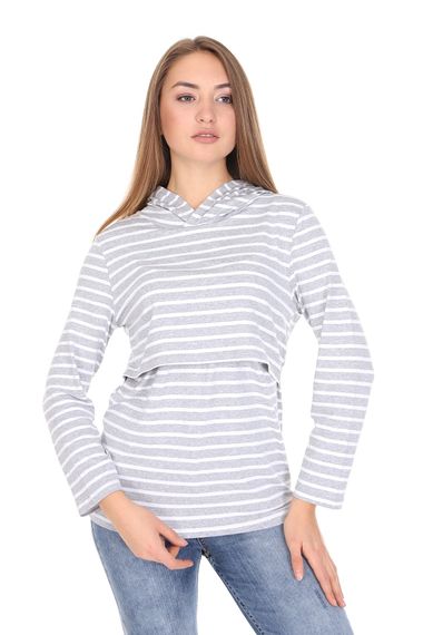 LuvmaBelly MYRA3521 Gri Çizgili Kapüşonlulu Emzirme Sweatshirt - fotoğraf 2