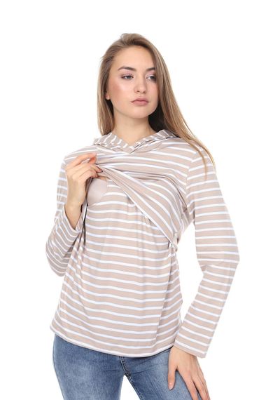 LuvmaBelly MYRA3522 Bej Çizgili Kapüşonlulu Emzirme Sweatshirt - fotoğraf 1