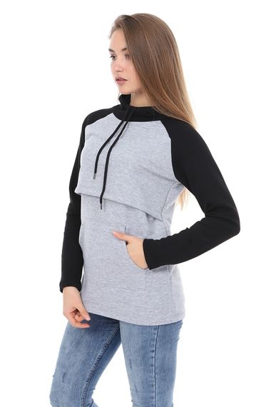 LuvmaBelly MYRA4524 Siyah&Gri Parçalı Kapüşonlu ve Cepli Emzirme Sweatshirt - fotoğraf 3