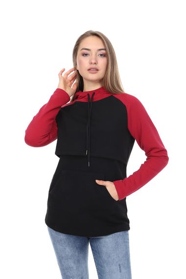 LuvmaBelly MYRA4525 سويت شيرت للرضاعة الطبيعية أحمر كلاريت وأسود مع غطاء للرأس وجيب - صورة 2