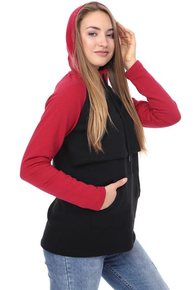 LuvmaBelly MYRA4525 سويت شيرت للرضاعة الطبيعية أحمر كلاريت وأسود مع غطاء للرأس وجيب - صورة 3