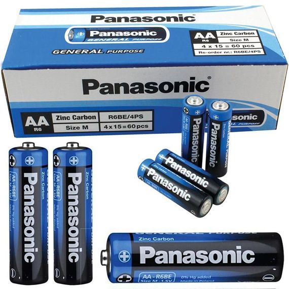 Аккумуляторы Panasonic R6BE/4PS AA 60 шт, напряжение 1.5V, высота 50 мм, диаметр 14.5 мм, марка манганцевый