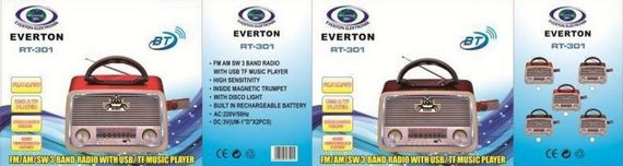 Bluetooth радіо Everton RT-301 з хорошою якістю звуку та портативним дизайном, підтримка FM, AUX, USB та SD карт, вбудований акумулятор - фото 3