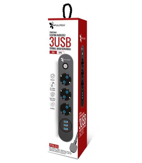 3 Priz 3XUSB 2Mt Kablo Anahtarlı 10A Akım Korumalı Priz TGFTR01