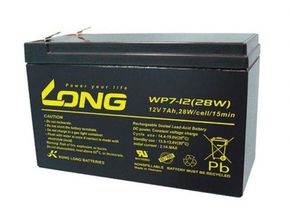 Акумулятор LONG WP7-12 (28W), 12В, 7AH, 2,2 кг, ABS, F2, потужність 42Wh, розміри 151x65x94 мм