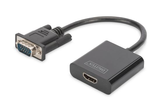 Цифровий перетворювач Digitus VGA в HDMI з аудіо (3.5 мм), Full HD (1080p), кабельний, 15 см, чорний, з USB живленням