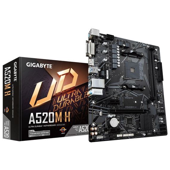 Материнская плата GIGABYTE A520M-H, DDR4, SATA3, M2, PCIe NVME, HDMI, DVI, PCIe 16X v4.0, AM4, форм-фактор mATX - фото 1