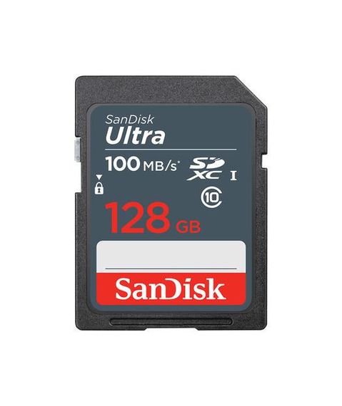 Карточка памяти Sandisk Ultra 128ГБ SDXC, скорость чтения 100 МБ/с, тип UHS-I, черный цвет, размеры 23,9x31,9x2,17 мм