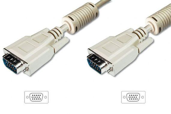 Кабель VGA AK-310103-030-E 3 метра, HD DSUB 15 мужской, 3Coax/7C, AWG28, 2 ферритных фильтра, UL2919, бежевый цвет