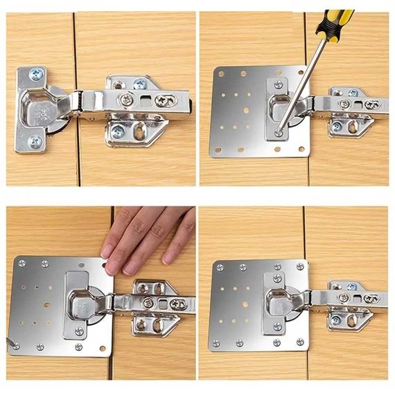 Пластина для ремонту петель із нержавіючої сталі 9x9 см, товщина 0.8 мм, комплект з 6 гвинтів, для дверей кухонних шаф