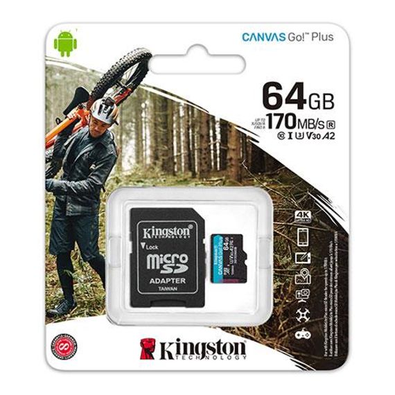 Карта памяти Kingston 64GB MSD Canvas Go+ SDCG3, скорость 170MB/S, класс 10 A2 U3 V30, тип micro SDXC