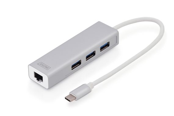 Хаб Digitus USB 3.0 с адаптером Gigabit Ethernet, 3 порта USB 3.0, скорость до 5000 Мбит/с, поддержка Windows и Mac OS, алюминиевый корпус