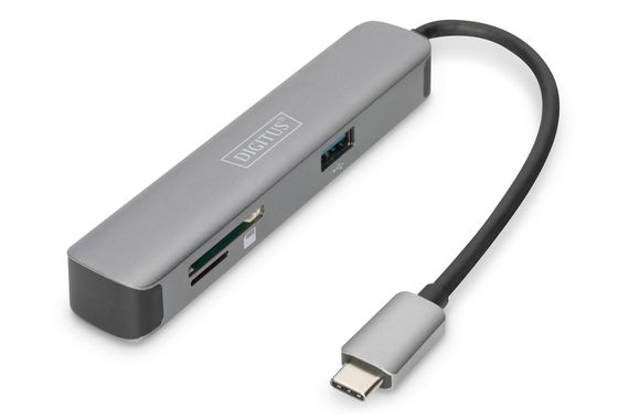 Док-станция USB-C с HDMI 4K/30Hz, 2x USB-A, SD/MicroSD, алюминиевый корпус, поддержка разрешения 4K, размер 11x2.3x1.6 см, вес 50 г