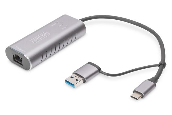 Адаптер Ethernet Digitus USB 3.0/USB C 3.1 до 2.5G, передача данных до 2.5 Гбит/с, алюминиевый корпус, совместим с Windows, macOS, Linux, Android, iOS