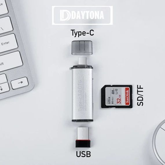 USB картридер DAYTONA ADS-103 з підтримкою USB Type-C та USB3.0 (OTG), вихід SD та MicroSD - фото 1