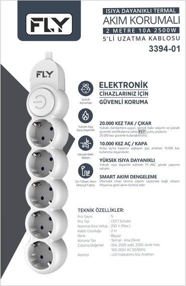 FLY-3394-01 5'Lİ AKIM KORUMALI PRİZ,2m,10 A 2500W - صورة 3