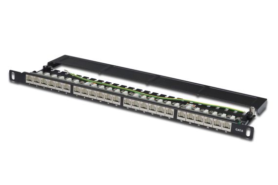 Digitus 19 Inch 24 port Cat.6 Patch Panel, Zırhlı (Shielded), siyah renk, 0,5U boyut