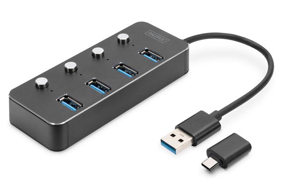 Digitus 4 Port USB 3.0 Hub, Düğmelerle Port Geçişleri Yapılabilir, Alüminyum gövde&lt;br&gt;Digitus USB 3.0 Hub 4-Port, Switchable, Aluminium Housing