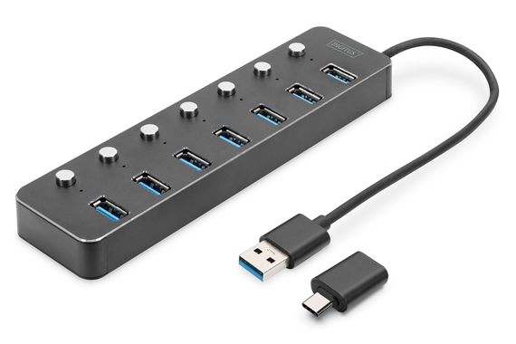 Digitus USB 3.0 Hub, 7-Port, Geçiş Düğmeli, Alüminyum Gövde, 5V/2A güç adaptörü dahil&lt;br&gt;Digitus USB 3.0 Hub, 7-port, Switch Aluminium Housing, Incl. 5V/2A power supply