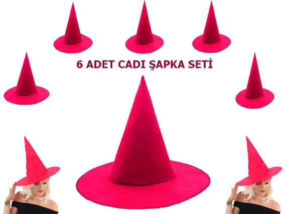 Pembe Fuşya Renk Keçe Cadı Şapkası Yetişkin Çocuk Uyumlu 6 Adet