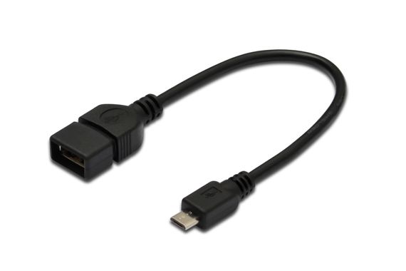 USB OTG кабель, 0,20 метри, AWG 28, USB A (жіночий) - Mi, чорний, нікелеве покриття, USB 2.0, двошарова броня