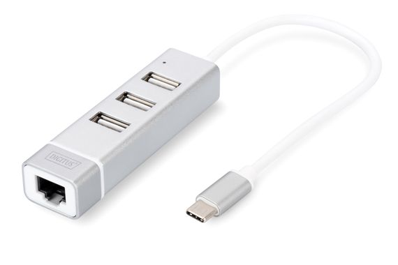 Адаптер Digitus 3-портовий USB Type-C Hub з Fast Ethernet, 3 x USB 2.0, алюмінієвий корпус, довжина кабелю 20 см, вага 25 г