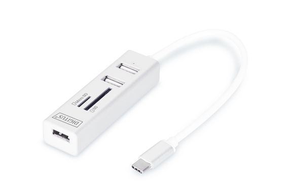 USB 2.0 Хаб Digitus з 3 портами типу C, кард-рідер, 3 х USB 2.0, швидкість 480Mbps, підтримка Mac OS, Windows 10, довжина кабелю 20 см