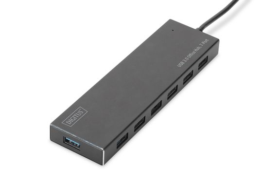 Губка USB 3.0 Digitus з 7 портами, адаптер живлення 5В/3,5А, алюмінієвий корпус, підтримка SuperSpeed 5 Гбіт/с, Plug and Play