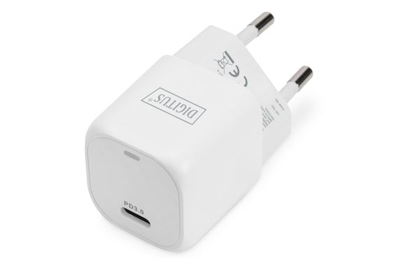 Адаптер живлення Digitus USB-C™, 20W, PD 3.0, білий, сумісний з Apple, Huawei, Xiaomi, Samsung та іншими, захист від перегріву та короткого замикання