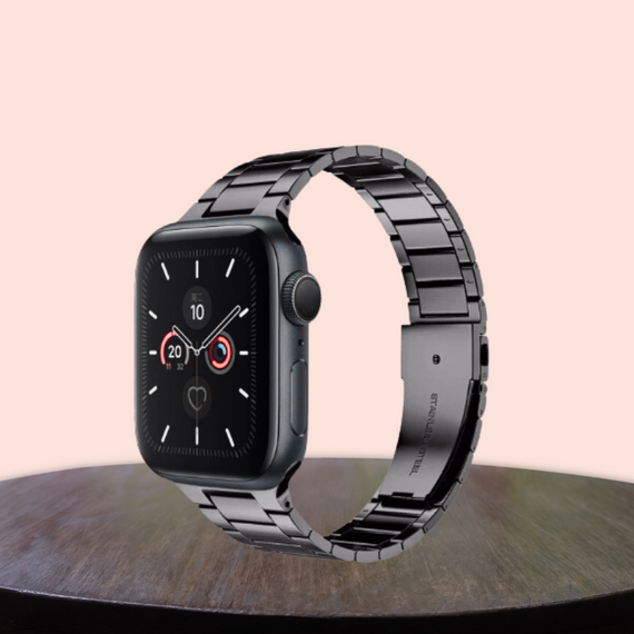 Шкіряний браслет для Apple Watch 42-44-45 мм, стильний, регульований, міцний, чорний, з металевим дизайном, стійкий до вигинів і поломок