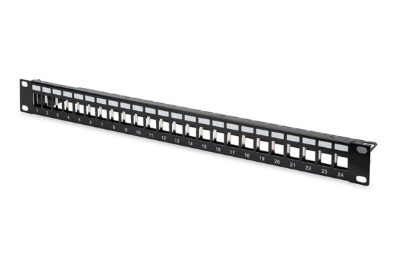 Digitus 24 Port Boş Patch Panel, Zırhlı, 1U Yüksekliğinde, Siyah Renk&lt;br&gt;Digitus Modular Patch Panel, Shielded, 24-port, blank, 1U, rack mount, color black (RAL9005)