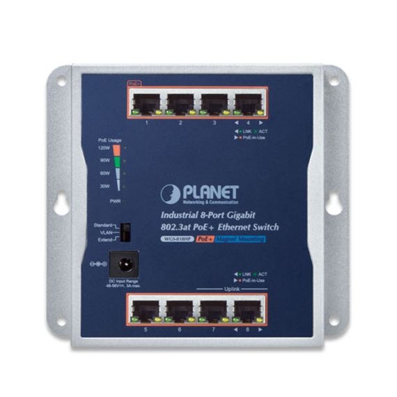 Industrial 8-Port 10/100/1000T PoE+ Wall-Mounted Gigabit Ethernet Switch with 120W Power Budget and 30.8W per Port