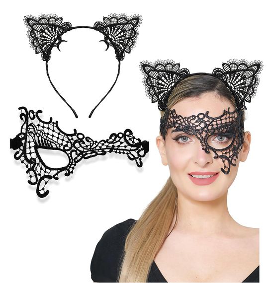 Чорний мереживний маска та обруч для вух набір для дорослих №13