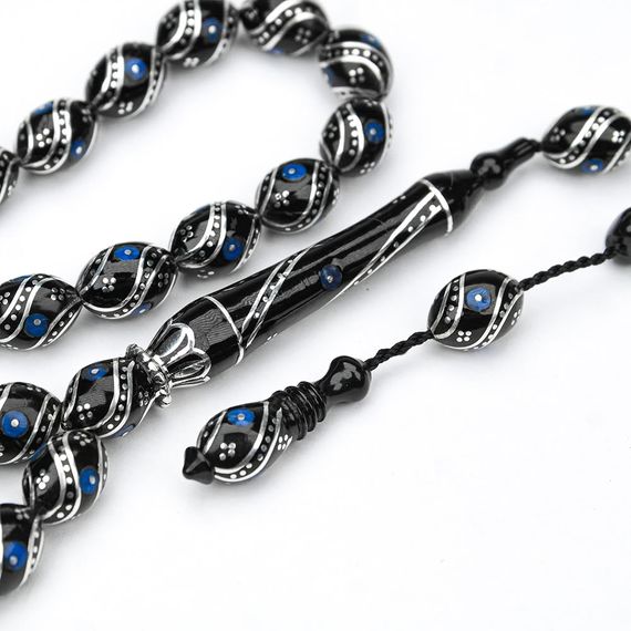 Oltu Taşı Çift Çeşm-i Bülbül  Mavi İşlemeli Tespih  - photo 2