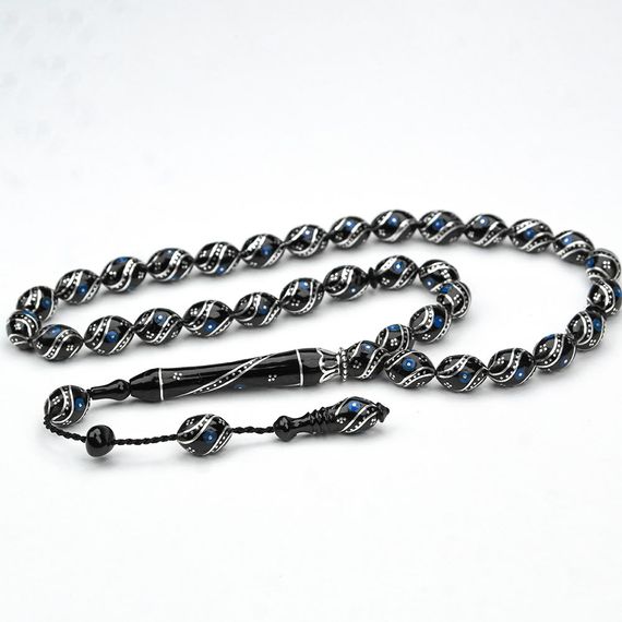 Oltu Taşı Çift Çeşm-i Bülbül  Mavi İşlemeli Tespih  - photo 1