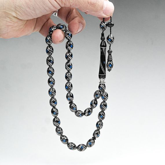 Oltu Taşı Çift Çeşm-i Bülbül  Mavi İşlemeli Tespih  - photo 3