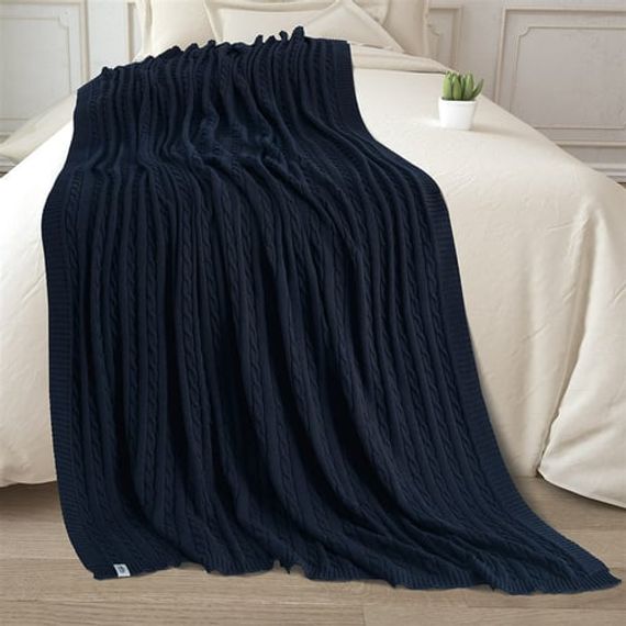 Темно-синее трикотажное одеяло из 100% органического хлопка - фото 1
