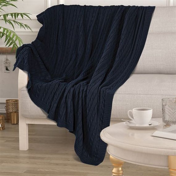 Темно-синее трикотажное одеяло из 100% органического хлопка - фото 4