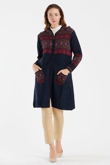 Women's Navy Blue Patterned Hooded Cardigan - photo 2