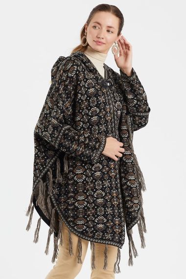 Black Floral Patterned Kilim Poncho - photo 1