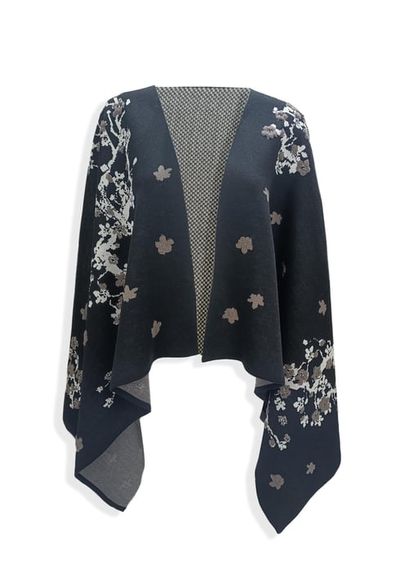 Women's Black Embossed Flower Pattern Shoulder Shawl