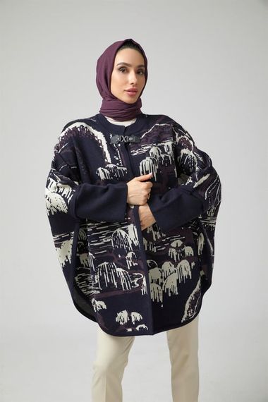 Women's Navy Blue Tree Pattern Poncho - photo 2