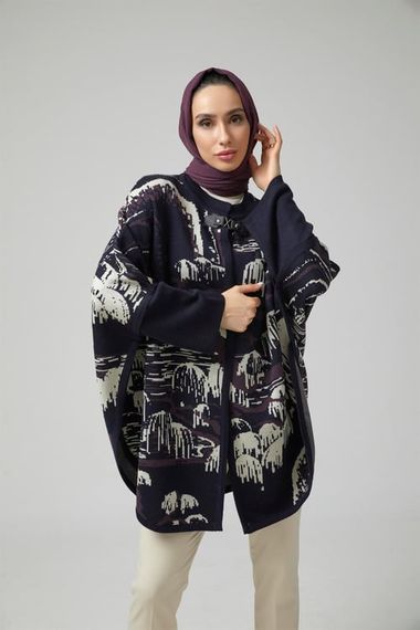 Women's Navy Blue Tree Pattern Poncho - photo 1